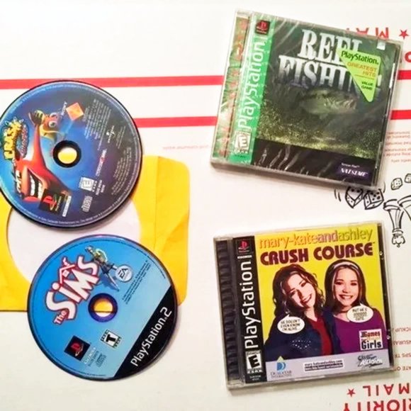 PS1 REEL FISHING *SEALED* + Crash Bandicoot Sims Mary Kate Ashley PlayStation 1